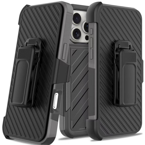 Military Grade Noble Hybrid Armor Case with Belt Clip Holster for iPhone 16 Pro - Black Grey