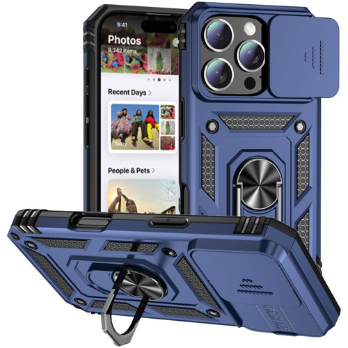 Military Grade Hybrid Case with Ring Grip and Camera Lens Protector for iPhone 16 Pro - Blue