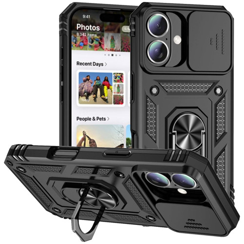Military Grade Hybrid Case with Ring Grip and Camera Lens Protector for iPhone 16 Plus - Black