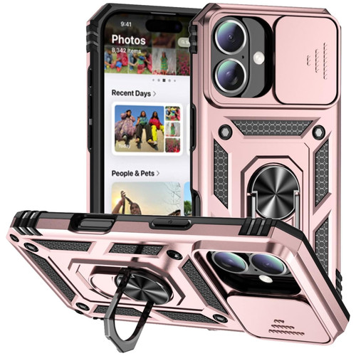 Military Grade Hybrid Case with Ring Grip and Camera Lens Protector for iPhone 16 Plus - Rose Gold