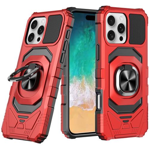 Military Grade Robotic Series Hybrid Case with Ring Grip for iPhone 16 Pro - Red