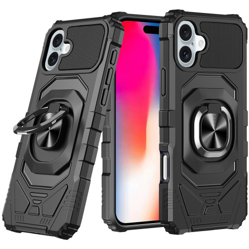 Military Grade Robotic Series Hybrid Case with Ring Grip for iPhone 16 - Black