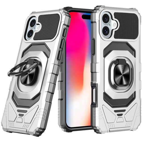 Military Grade Robotic Series Hybrid Case with Ring Grip for iPhone 16 - Silver