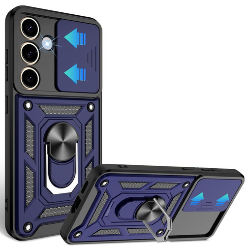 Military Grade Superior Series Hybrid Case with Ring Grip and Camera Lens Cover for Samsung Galaxy S24 FE - Blue