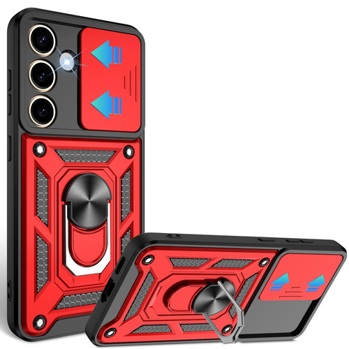 Military Grade Superior Series Hybrid Case with Ring Grip and Camera Lens Cover for Samsung Galaxy S24 FE - Red