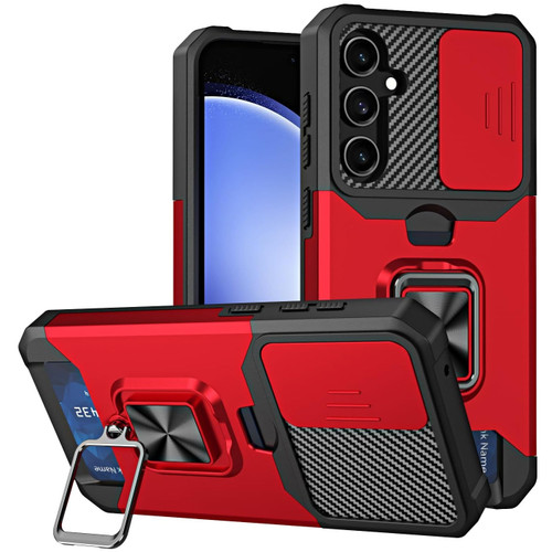 Military Grade All-In-One Ring Stand Card Case for Samsung Galaxy S24 FE - Red