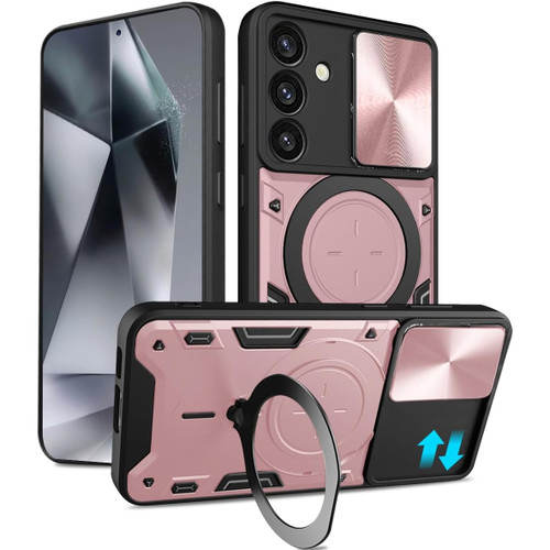 Superior Series Hybrid Case with MagSafe Magnetic Ring Stand and Camera Lens Cover for Samsung Galaxy S24 FE - Rose Gold