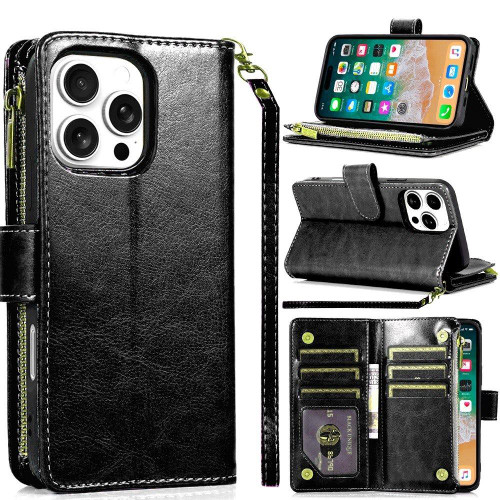 Leather Wallet Case with Zipper Pocket for iPhone 16 Pro Max - Black