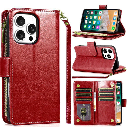 Leather Wallet Case with Zipper Pocket for iPhone 16 Pro Max - Red