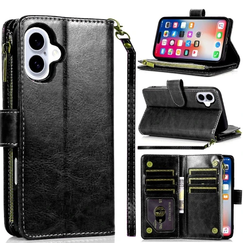 Leather Wallet Case with Zipper Pocket for iPhone 16 - Black