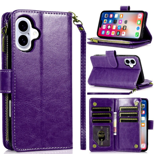 Leather Wallet Case with Zipper Pocket for iPhone 16 - Purple