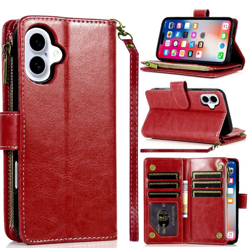 Leather Wallet Case with Zipper Pocket for iPhone 16 Plus - Red