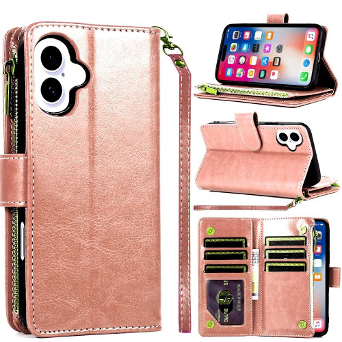 Leather Wallet Case with Zipper Pocket for iPhone 16 Plus - Rose Gold