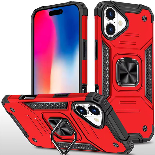 Military Grade Robust Series Hybrid Case with Ring Grip for iPhone 16 - Red