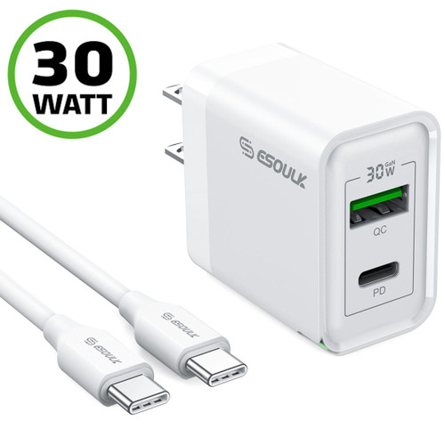 30W USB-C GaN PD 3.0 Power Delivery + 18W Quick Charge 3.0 Fast Wall Charger + USB-C Cable - White