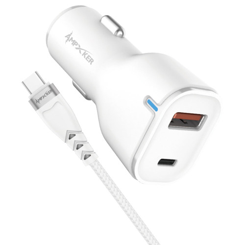 20W USB-C PD Power Delivery + 18W USB-A Quick Charge 3.0 Car Charger + USB-C Cable - White