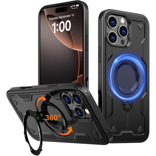 Military Grade MagSafe Hybrid Case with Kickstand Ring Holder for iPhone 16 Pro Max - Black