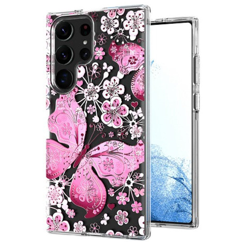 Butterfly Series Dual Layer Transparent Hybrid Case for Samsung Galaxy S25 Ultra - Pink