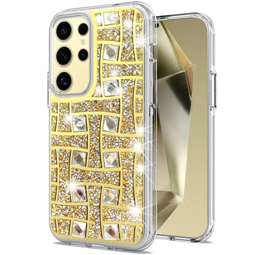 Diamond Encrusted Hybrid Case for Samsung Galaxy S25 Ultra - Basketweave Gold