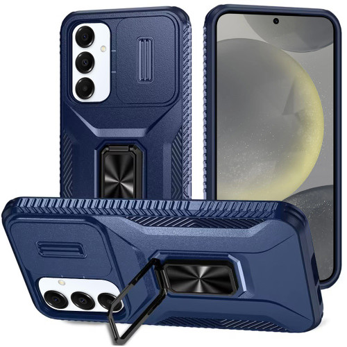 Combat Tough Series Ring Holder Case with Camera Lens Cover for Samsung Galaxy S25 Plus - Blue