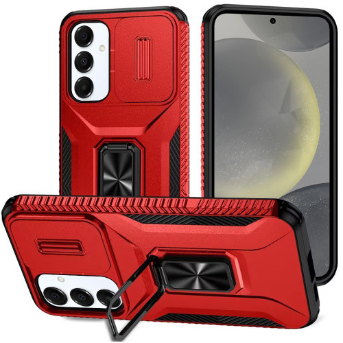 Combat Tough Series Ring Holder Case with Camera Lens Cover for Samsung Galaxy S25 Plus - Red