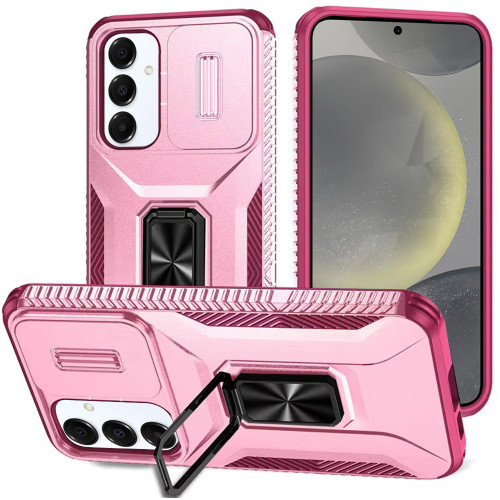 Combat Tough Series Ring Holder Case with Camera Lens Cover for Samsung Galaxy S25 - Pink Burgundy