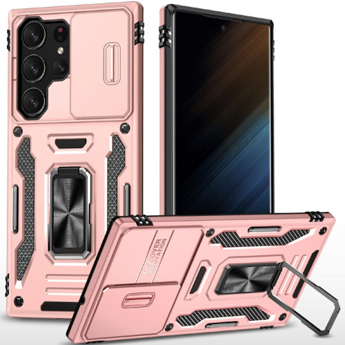 Military Grade Ring Holder Case with Camera Lens Cover for Samsung Galaxy S25 Ultra - Rose Gold