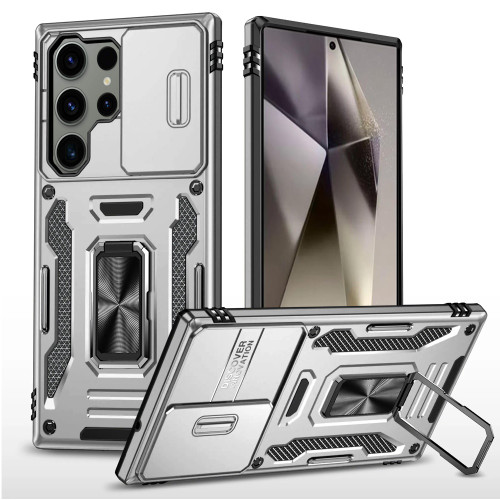 Military Grade Ring Holder Case with Camera Lens Cover for Samsung Galaxy S25 Ultra - Silver