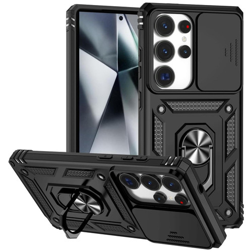 Military Grade Hybrid Case with Ring Grip and Camera Lens Protector for Samsung Galaxy S25 Ultra - Black