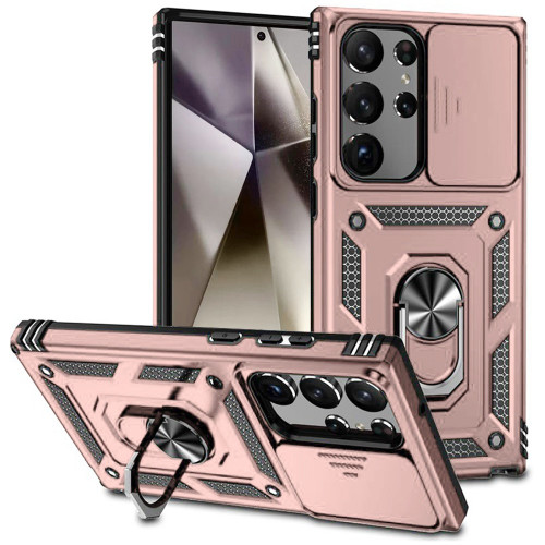 Military Grade Hybrid Case with Ring Grip and Camera Lens Protector for Samsung Galaxy S25 Ultra - Rose Gold