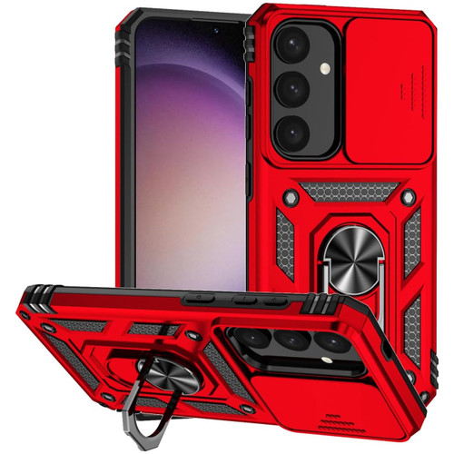 Military Grade Hybrid Case with Ring Grip and Camera Lens Protector for Samsung Galaxy S25 - Red
