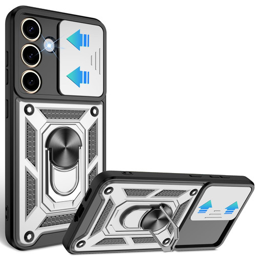 Military Grade Superior Series Hybrid Case with Ring Grip and Camera Lens Cover for Samsung Galaxy S25 Plus - Silver