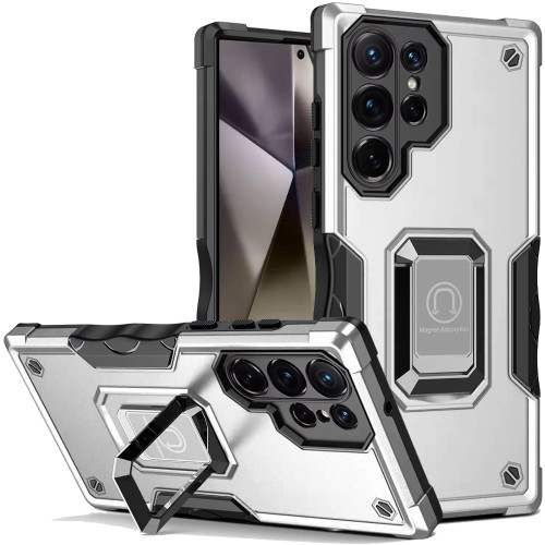 Military Grade Shockproof Hybrid Armor Case with Ring Grip for Samsung Galaxy S25 Ultra - Silver