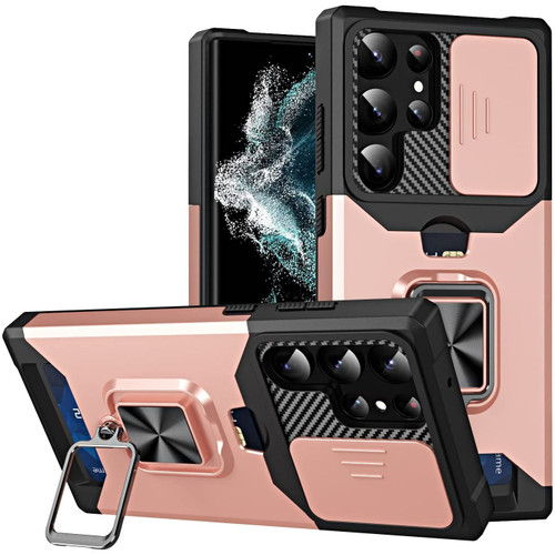 Military Grade All-In-One Ring Stand Card Case for Samsung Galaxy S25 Ultra - Rose Gold