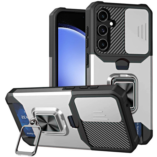 Military Grade All-In-One Ring Stand Card Case for Samsung Galaxy S25 Plus - Silver