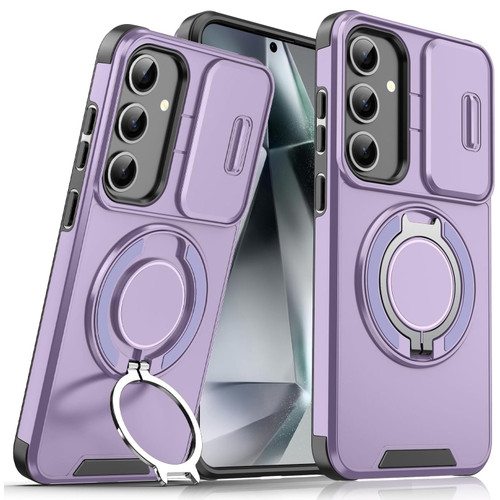 Dual Layer MagSafe Case with Rotating Stand and Privacy Camera Cover for Samsung Galaxy S25 Plus - Purple