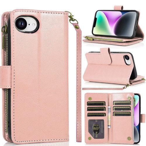Leather Wallet Case with Zipper Pocket for iPhone 16e - Rose Gold