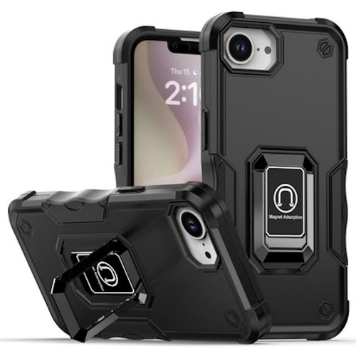 Military Grade Shockproof Hybrid Armor Case with Ring Grip for iPhone 16e - Black