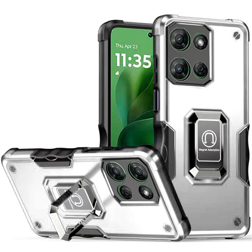 Military Grade Shockproof Hybrid Armor Case with Ring Grip for Motorola Moto G Power 2025 - Silver