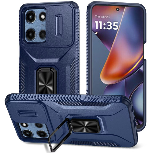 Combat Tough Series Ring Holder Case with Camera Lens Cover for Motorola Moto G 2025 - Blue