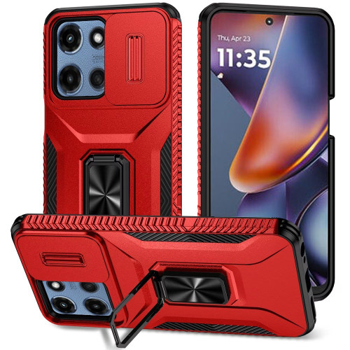 Combat Tough Series Ring Holder Case with Camera Lens Cover for Motorola Moto G 2025 - Red
