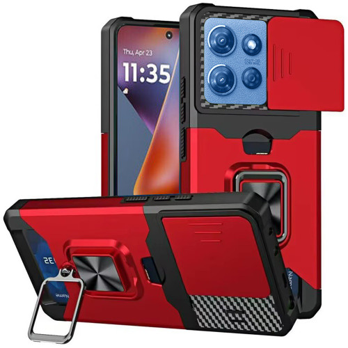 Military Grade All-In-One Ring Stand Card Case for Motorola Moto G 2025 - Red