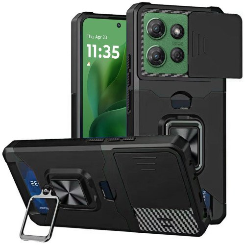 Military Grade All-In-One Ring Stand Card Case for Motorola Moto G Power 2025 - Black
