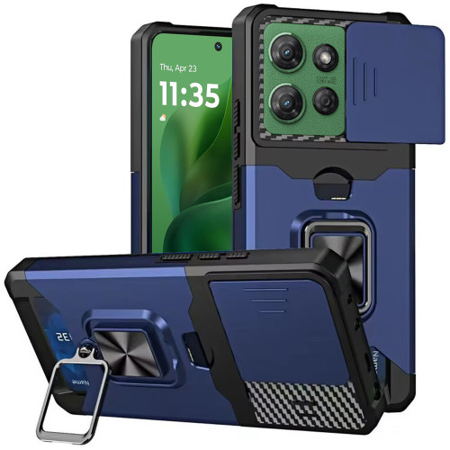 Military Grade All-In-One Ring Stand Card Case for Motorola Moto G Power 2025 - Blue