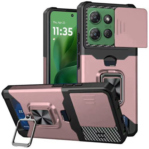 Military Grade All-In-One Ring Stand Card Case for Motorola Moto G Power 2025 - Rose Gold