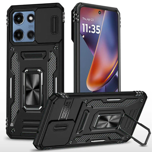 Military Grade Ring Holder Case with Camera Lens Cover for Motorola Moto G 2025 - Black