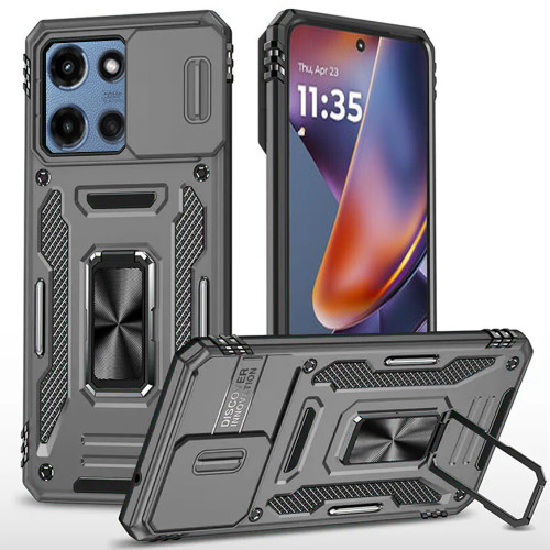 Military Grade Ring Holder Case with Camera Lens Cover for Motorola Moto G 2025 - Grey