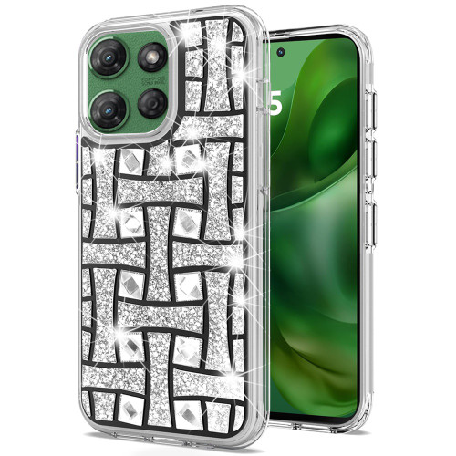 Diamond Encrusted Hybrid Case for Motorola Moto G Power 2025 - Basketweave Silver