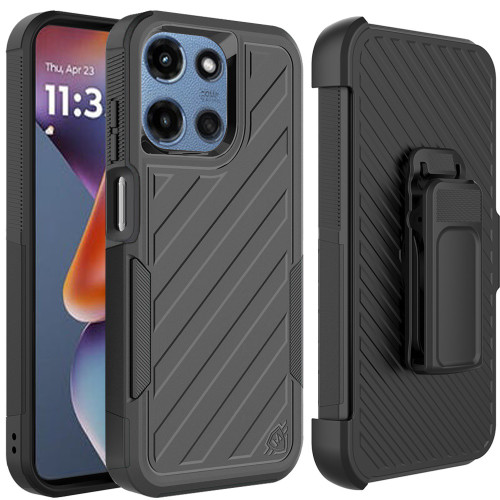 Military Grade Noble Hybrid Armor Case with Belt Clip Holster for Motorola Moto G 2025 - Black