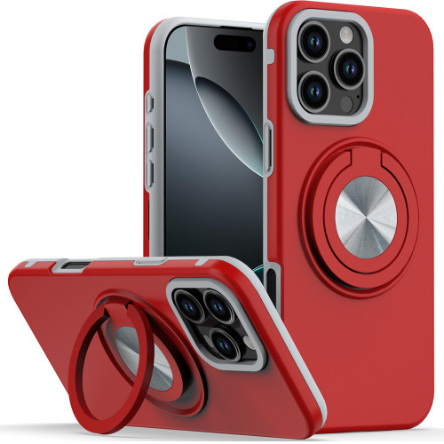 Circular Series Hybrid Case with Rotating Ring Stand for iPhone 16 Pro Max - Red